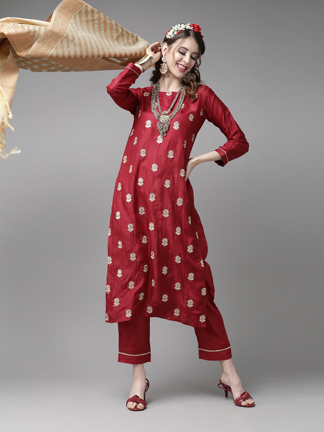 

Indo Era Women Red & Golden Embroidered Kurta with Trousers & Dupatta