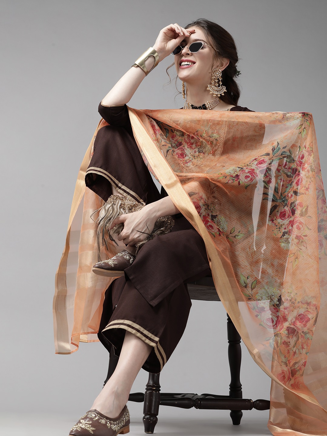 

Indo Era Women Brown & Orange Yoke Design Kurta with Palazzos & Dupatta