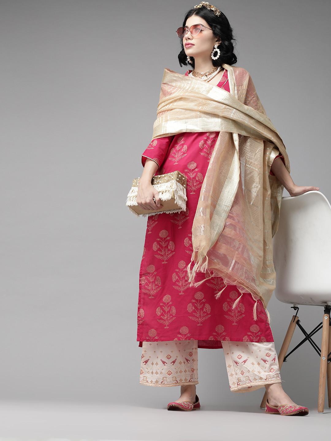 

Indo Era Women Coral Pink & Off-White Printed Cotton Kurta with Palazzos & Dupatta
