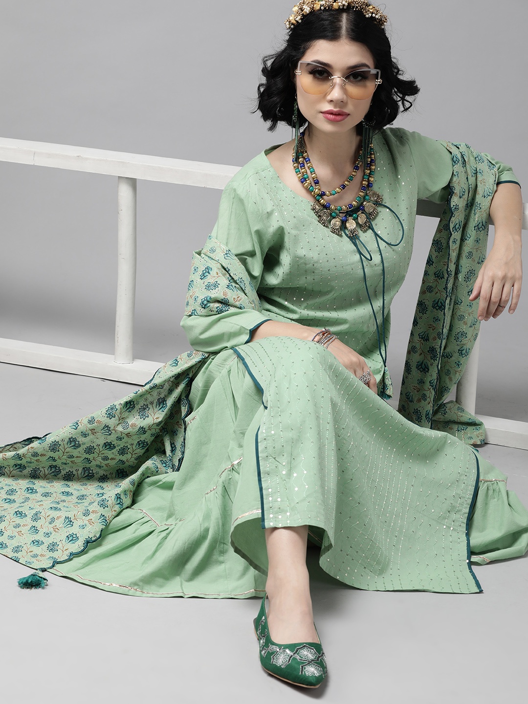 

Indo Era Women Green Sequinned Kurta with Sharara & Dupatta