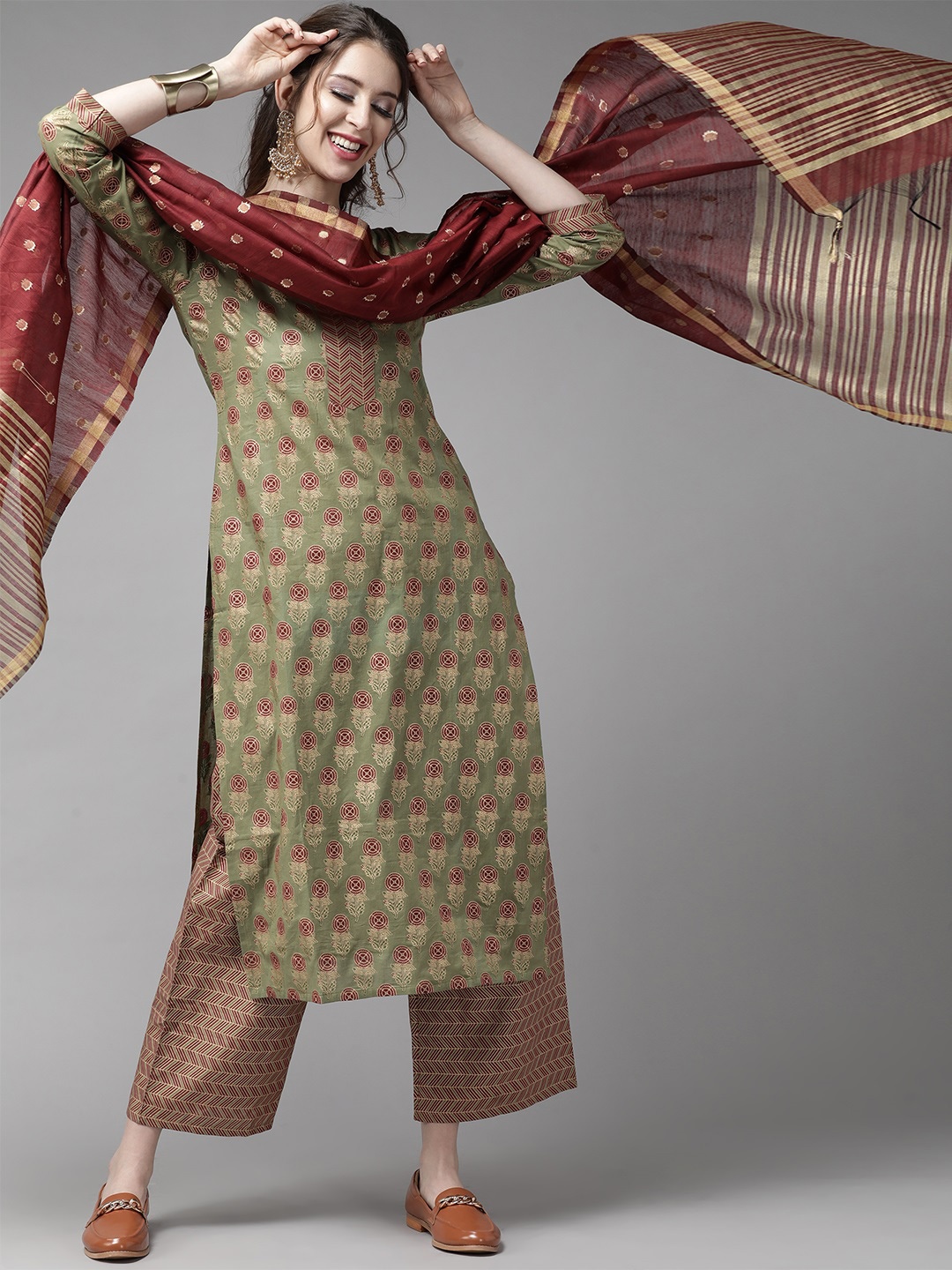 

Indo Era Women Olive Green & Maroon Foil Printed Kurta with Palazzos & Dupatta