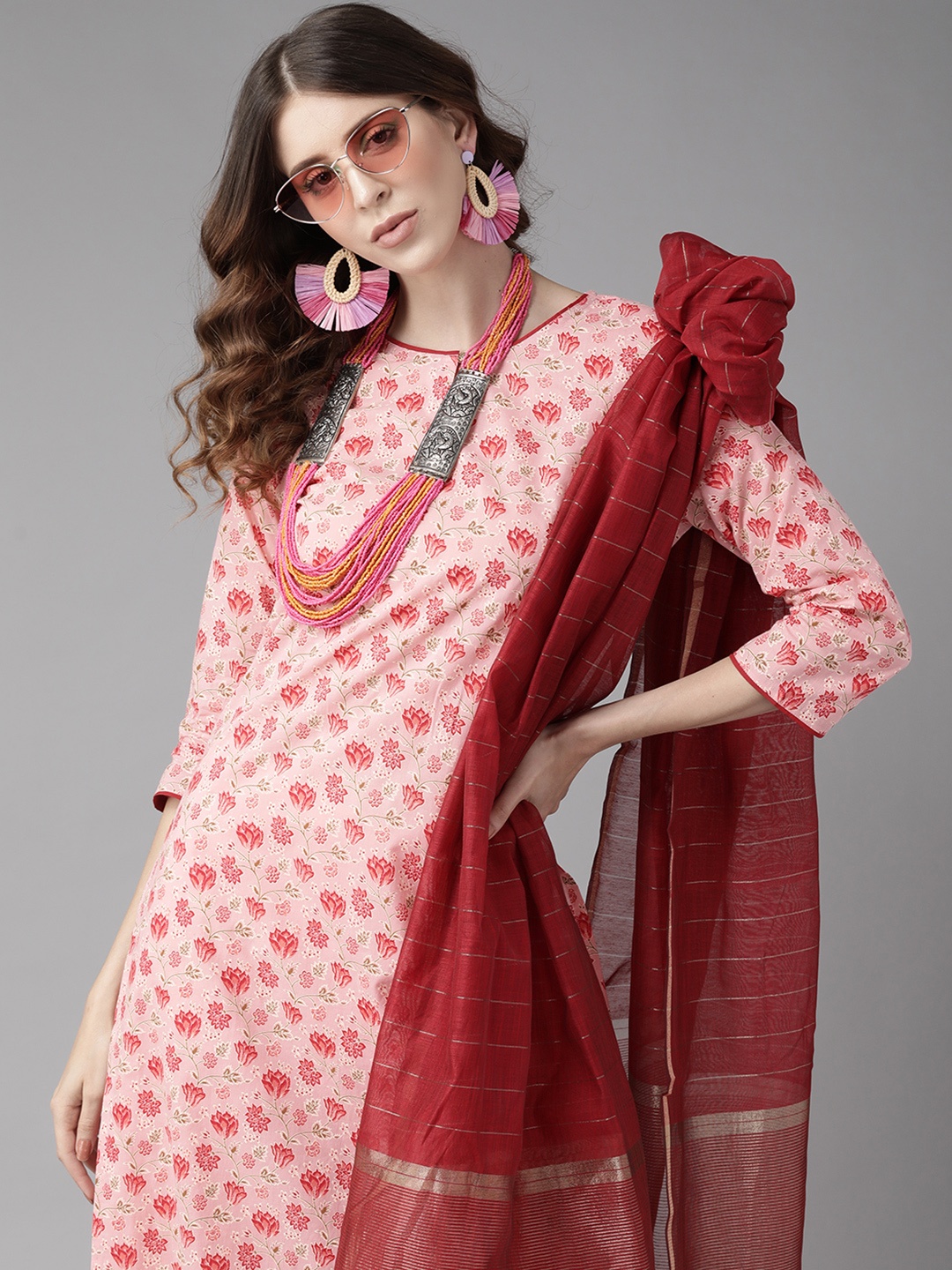 

Indo Era Striking Pink And Red Printed Kurta Set