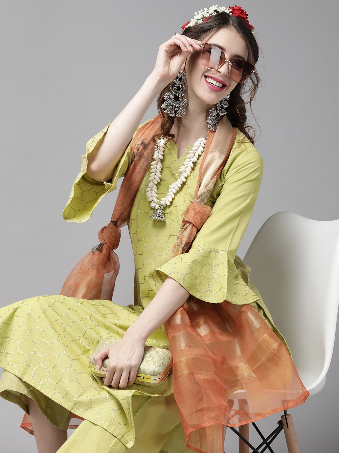 

Indo Era Women Green & Orange Sequinned Cotton Kurta with Palazzo & Floral Dupatta