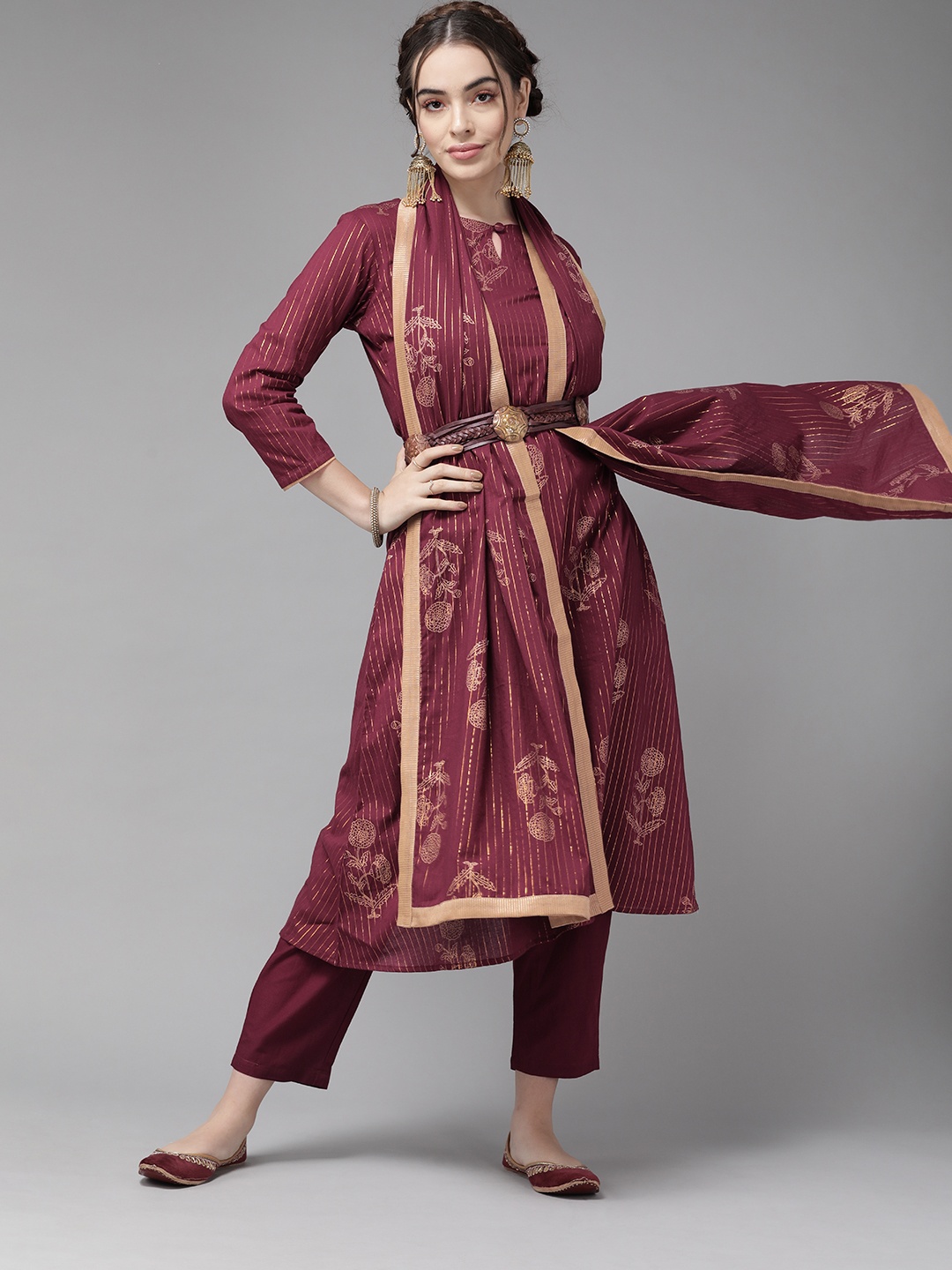 Indo Era Classic Burgundy Striped Kurta Set