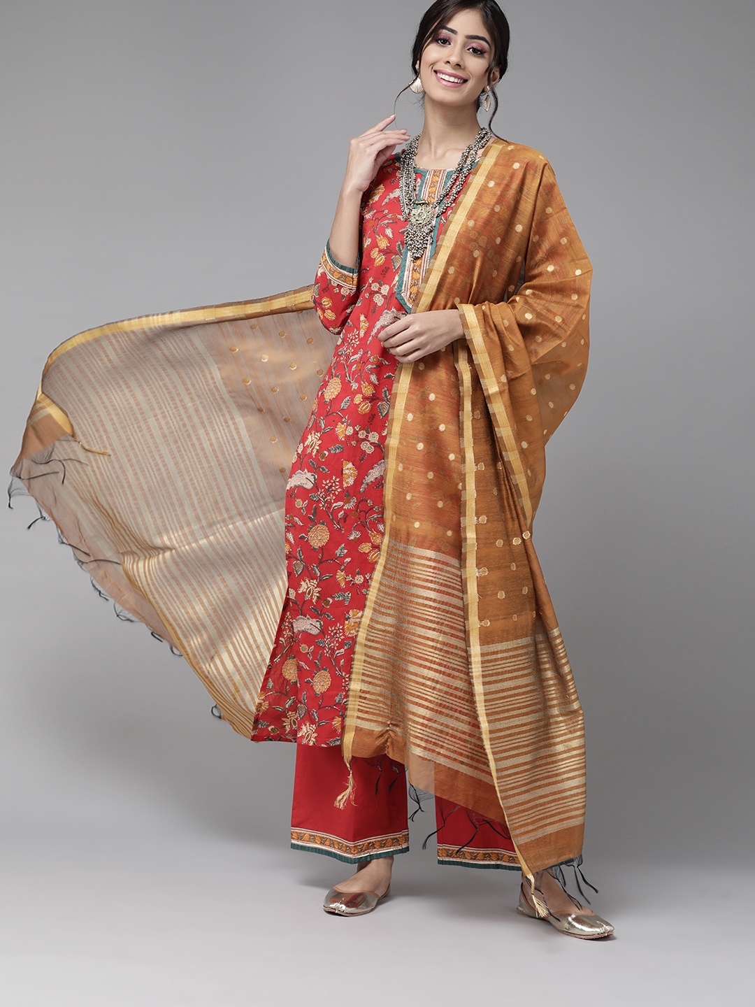 

Indo Era Chic Mustard And Red Printed Kurta Set