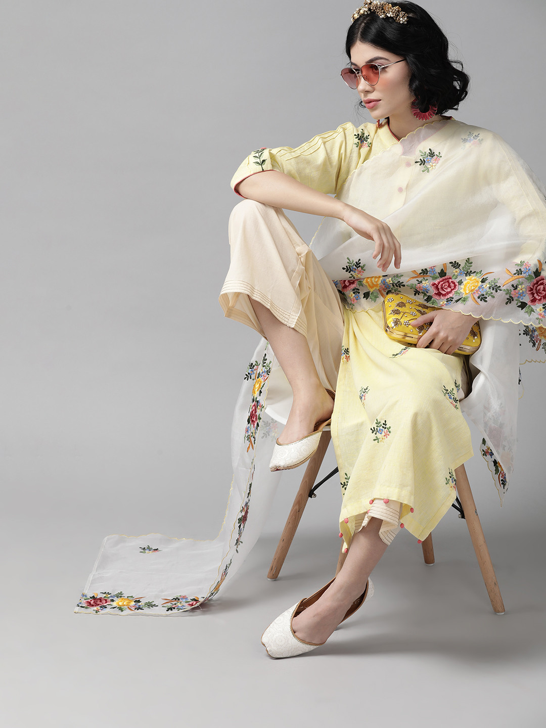 

Indo Era Yellow and Green Embroidered Kurta with Palazzos and Dupatta
