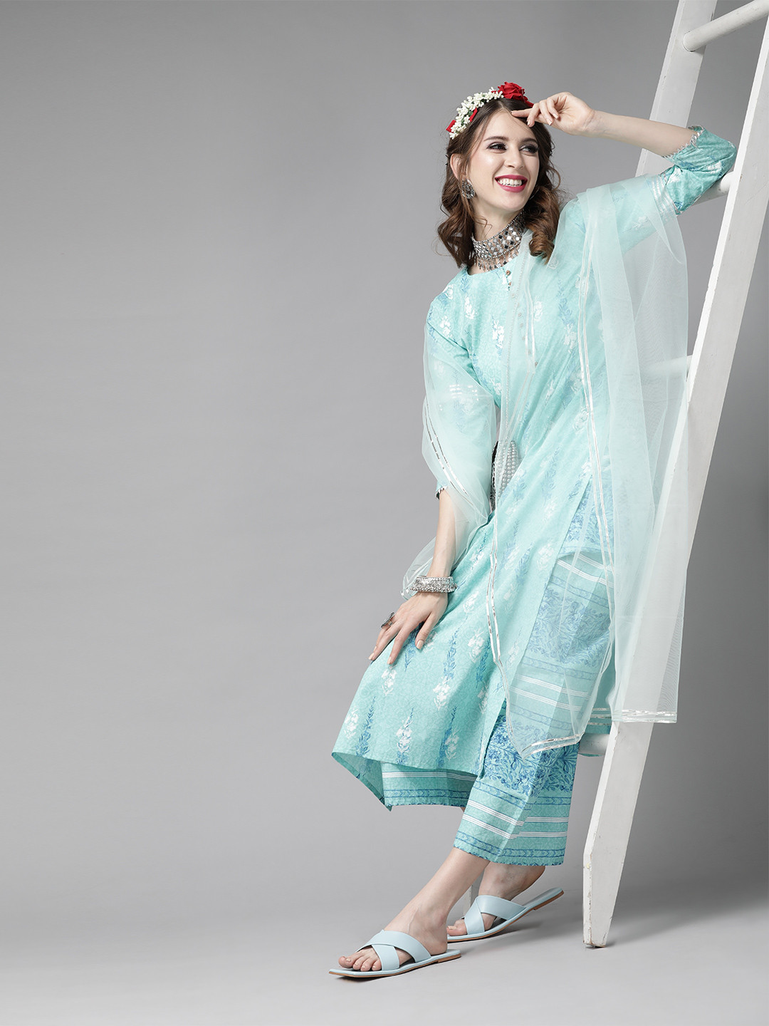

Indo Era Women Turquoise Blue & White Printed Pure Cotton Kurta with Palazzos & Dupatta