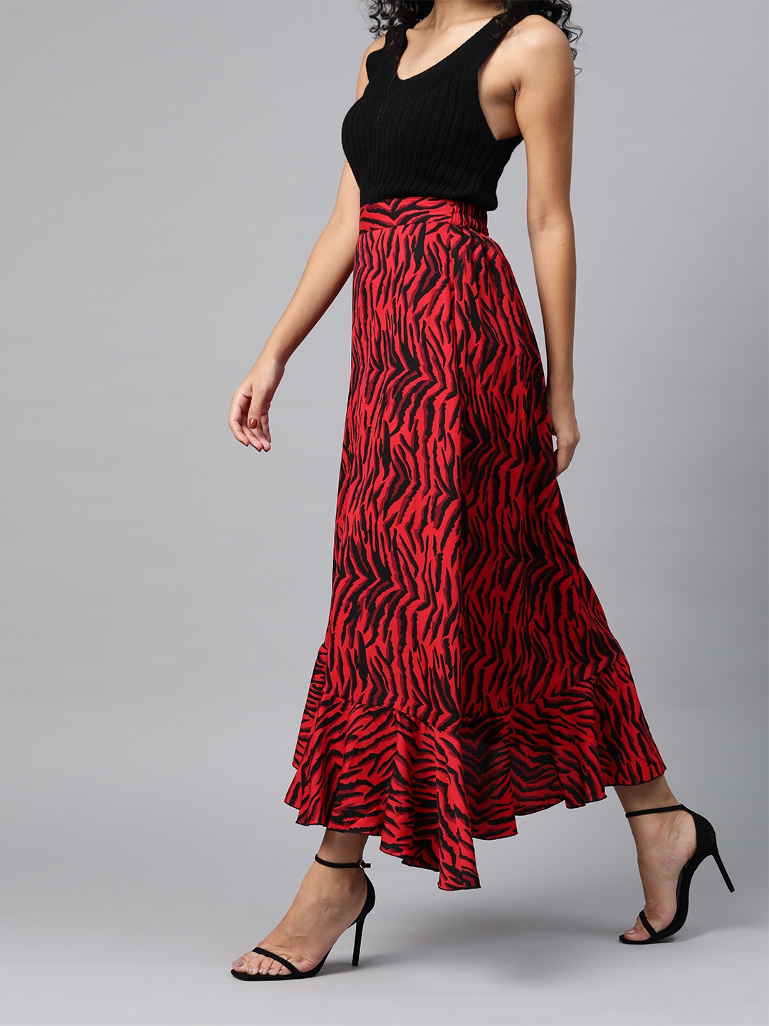 

plusS Gorgeous Red and Black Animal Printed A-Line Maxi Skirt