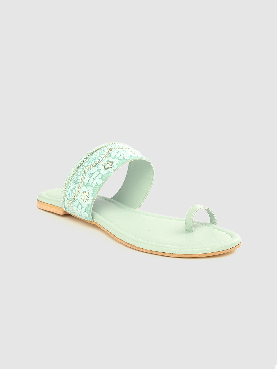 

Anouk Women Sea Green & Gold-Toned Embroidered One Toe Flats
