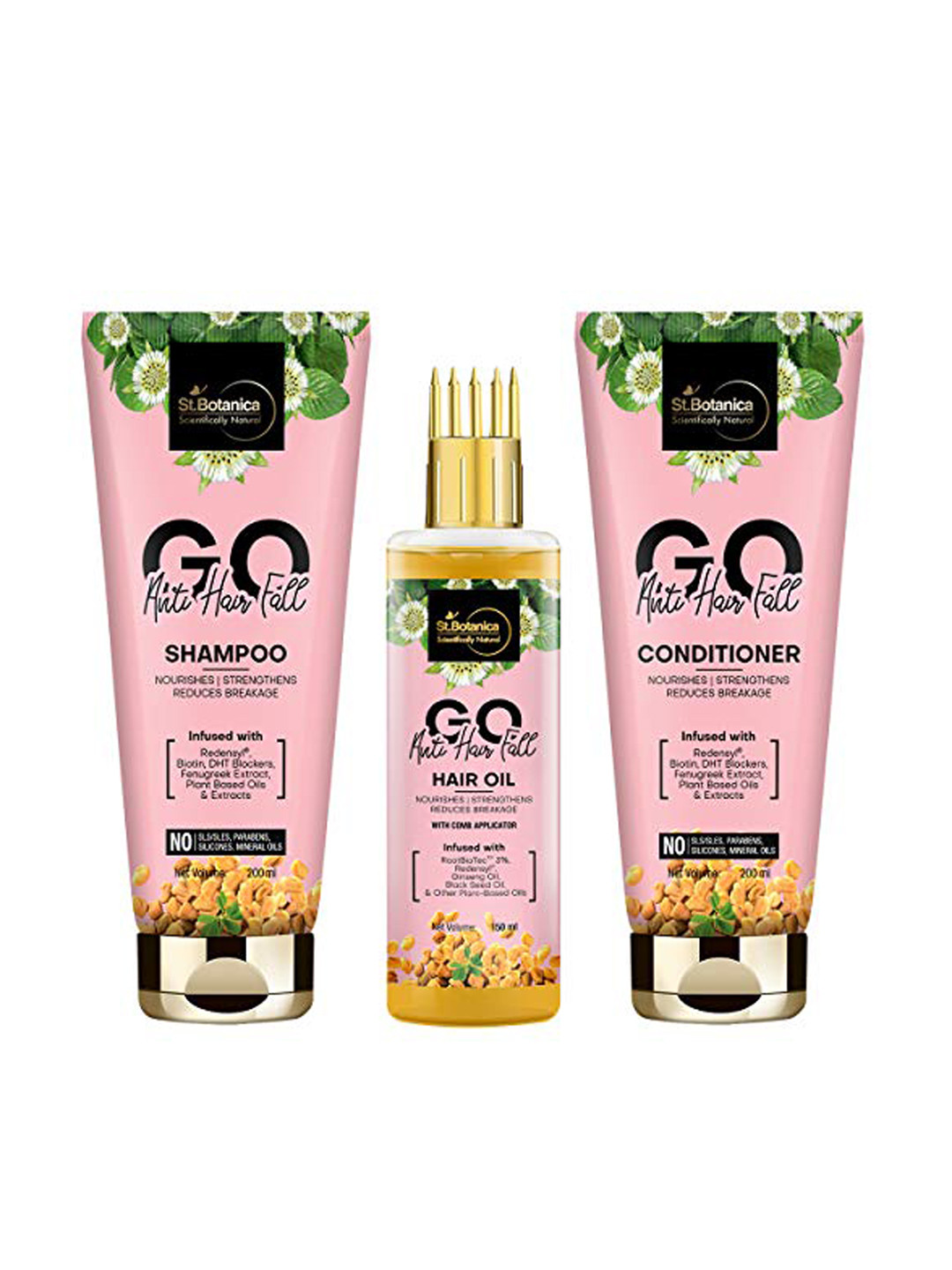 

St.Botanica Unisex Set of GO Anti Hair Fall Shampoo-Conditioner & Hair Oil, Pink