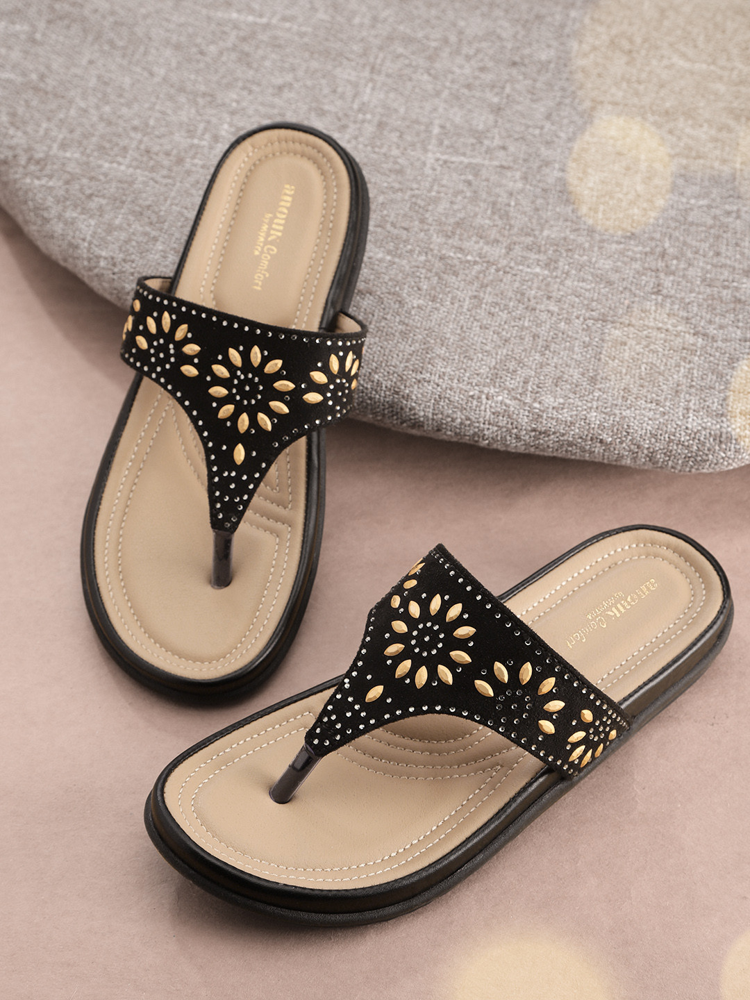 

Anouk Women Black & Beige Embellished T-Strap Flats with Suede Finish