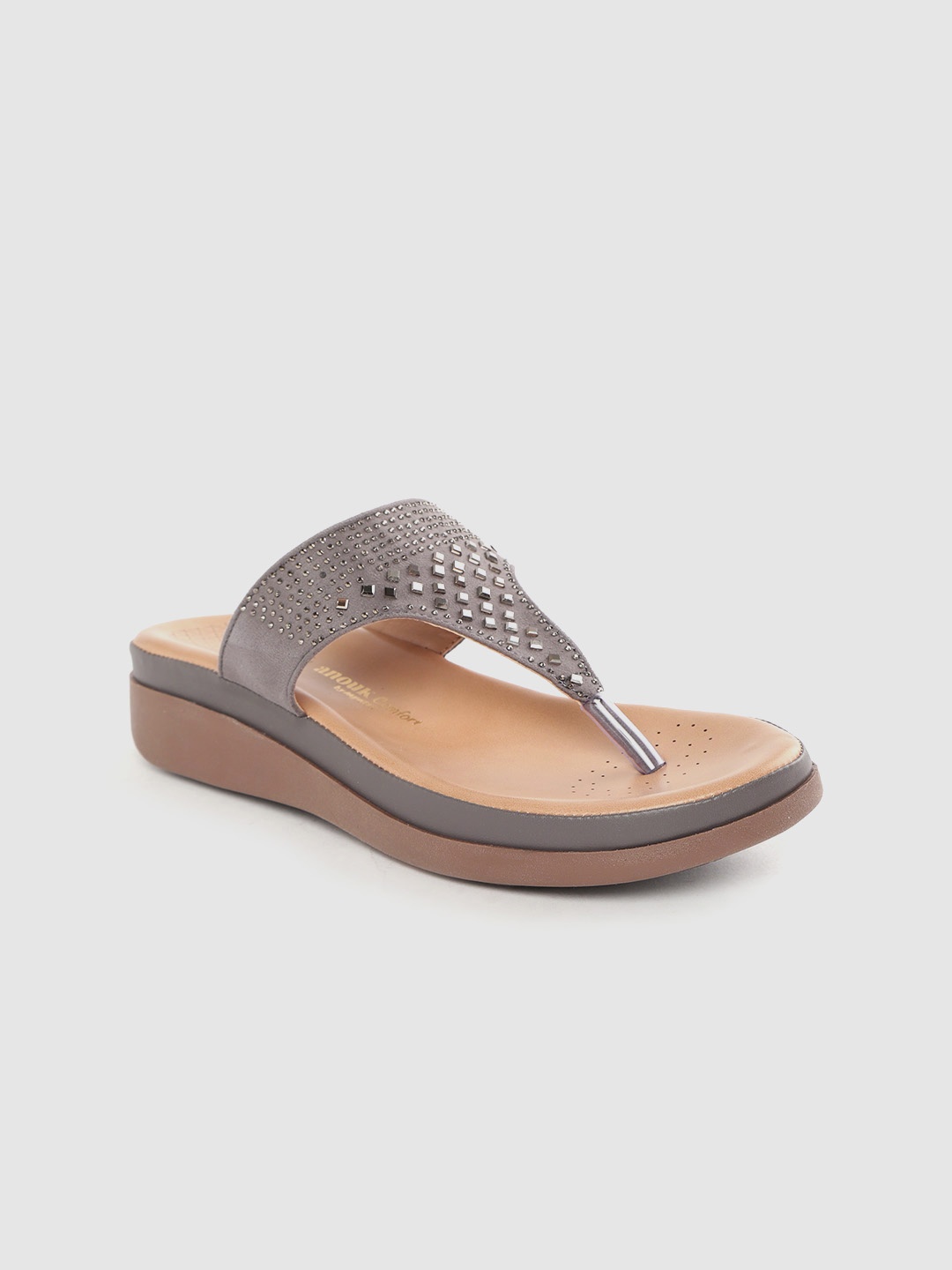 

Anouk Women Grey Embellished T-Strap Flats
