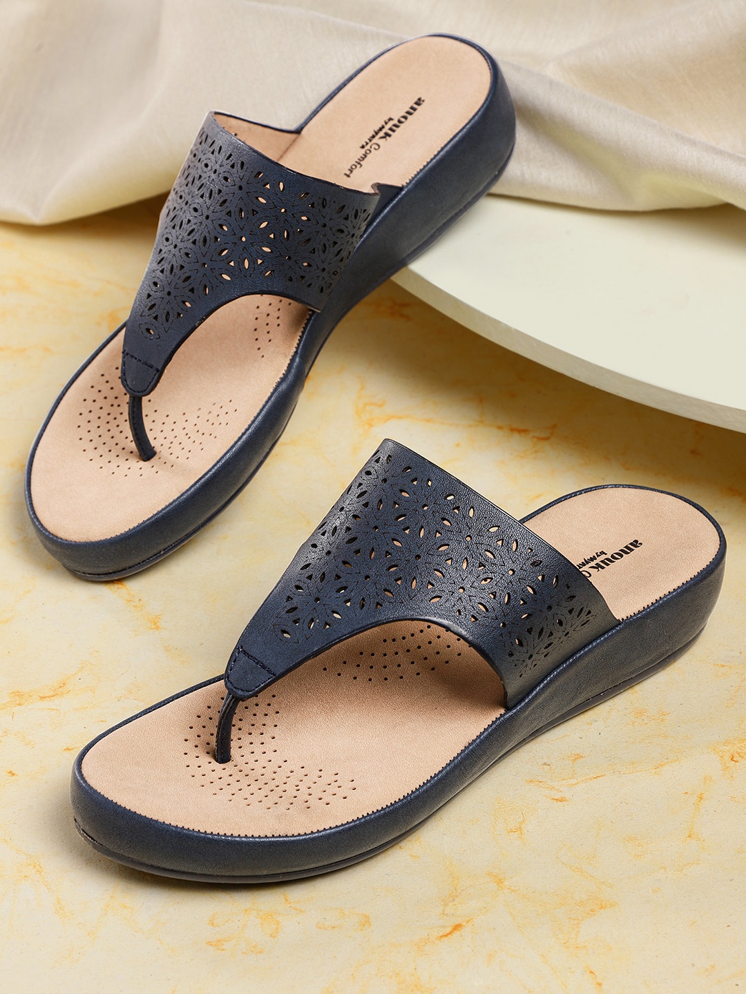 

Anouk Women Navy Blue Laser Cuts Open Toe Flats