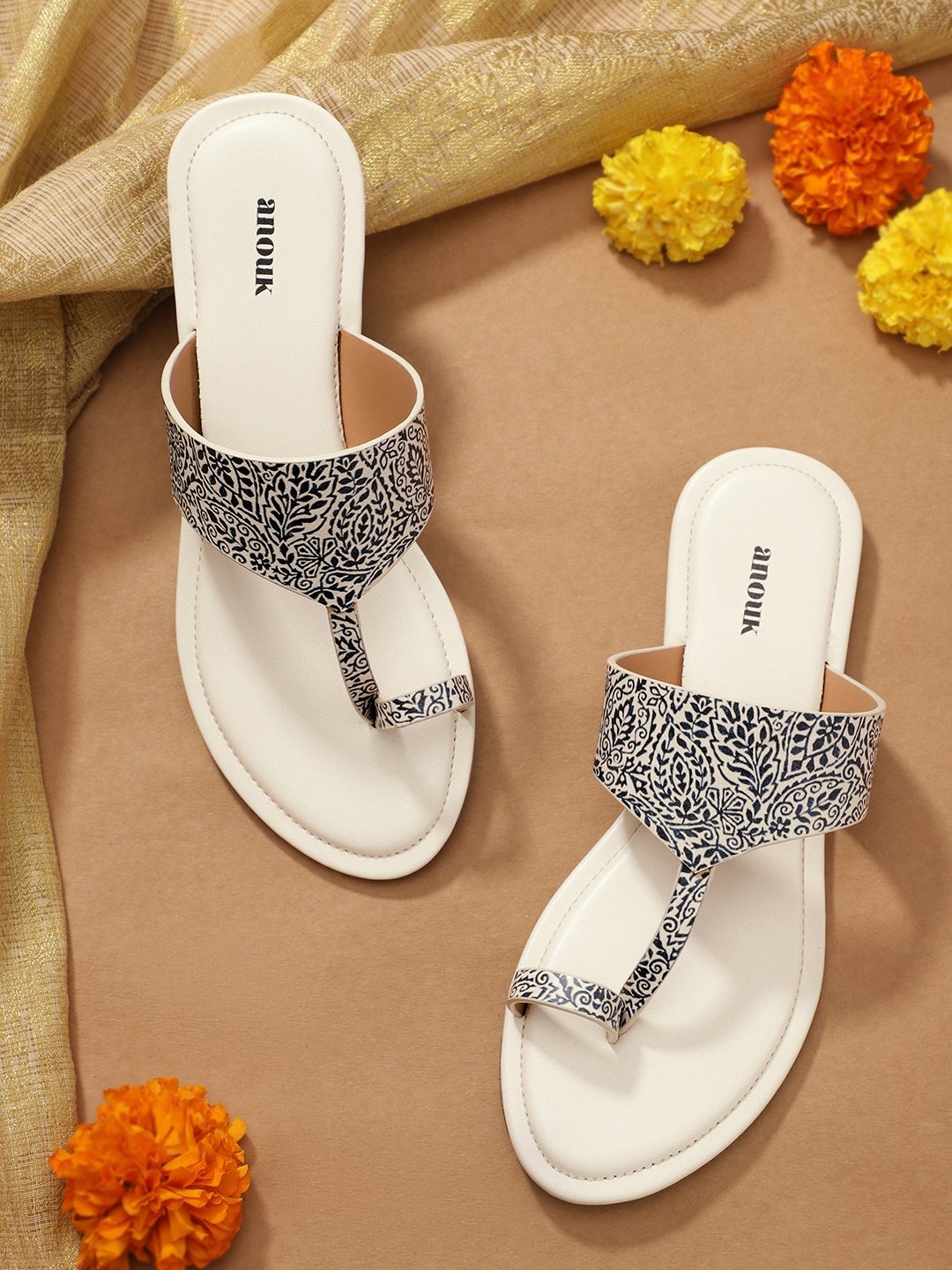 

Anouk Women White & Navy Blue Printed One Toe Flats
