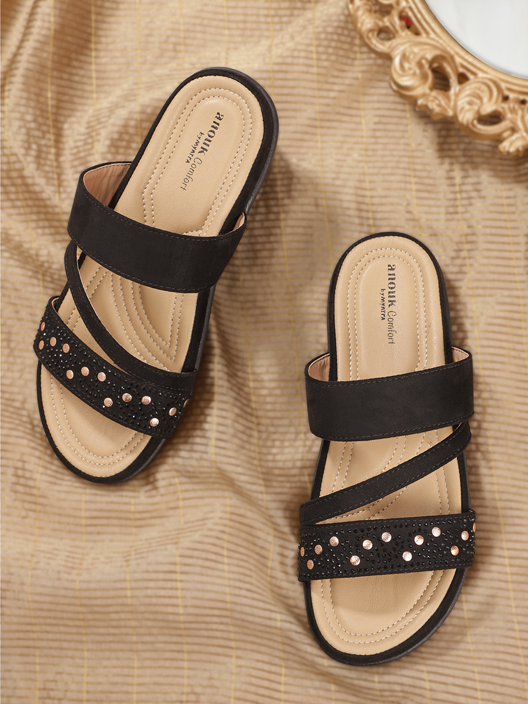 

Anouk Women Black Embellished Suede Finish Open Toe Flats