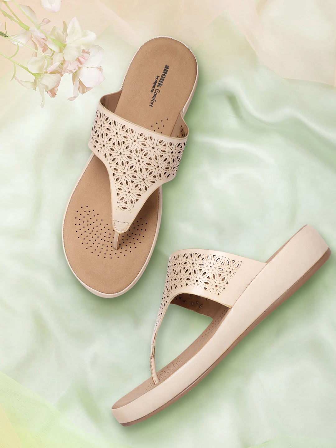 

Anouk Women Beige Laser Cut Open Toe Flats