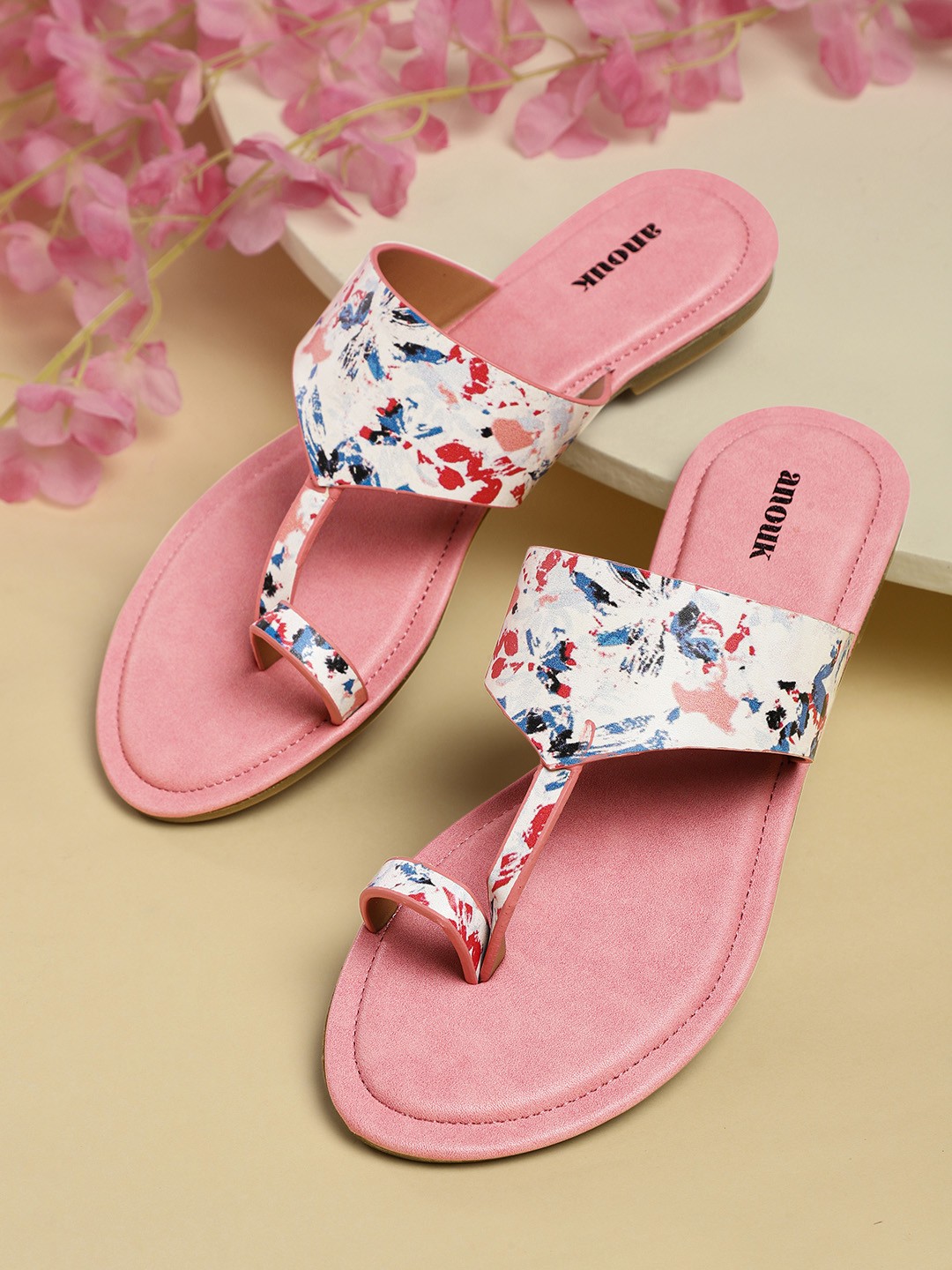 

Anouk Women White & Pink Abstract Print One Toe Flats