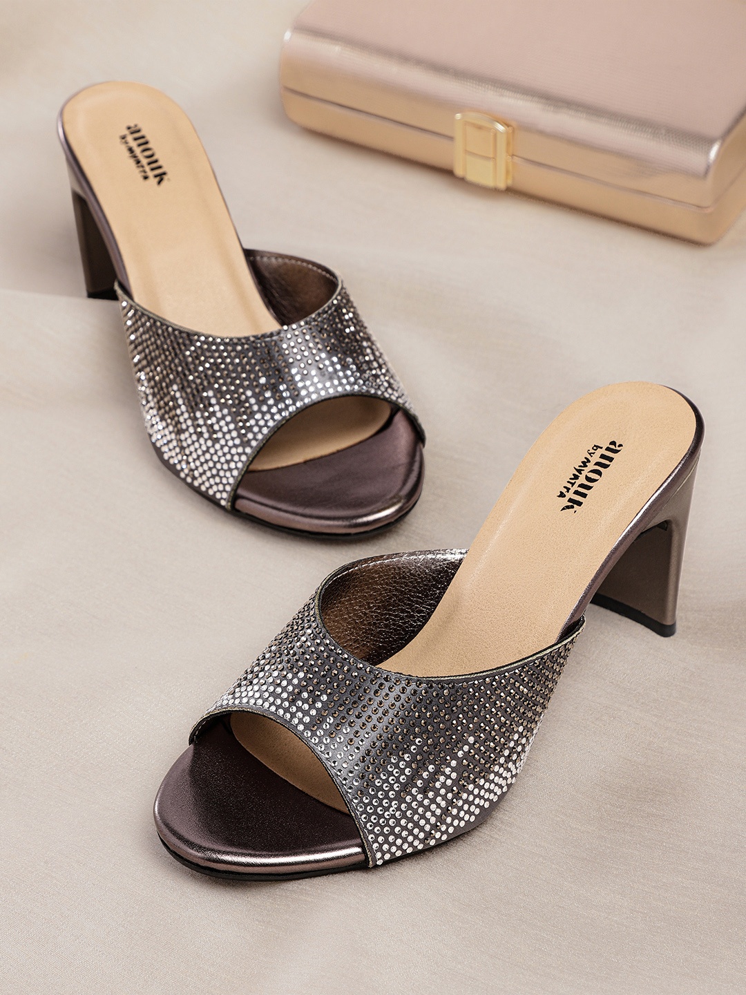 

Anouk Women Gunmetal-Toned Embellished Block Heels, Metallic