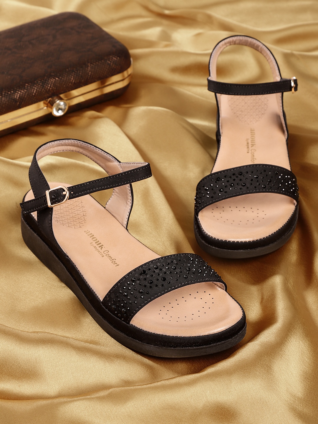 

Anouk Women Black Embellished Open Toe Flats