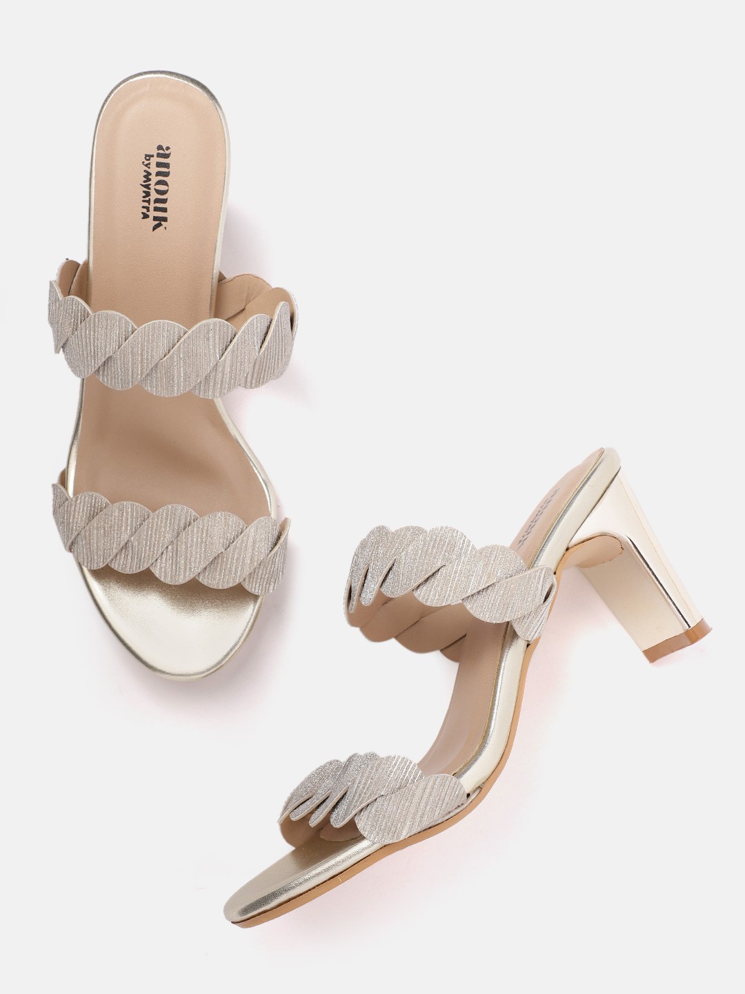

Anouk Gold-Toned Striped Glitter Effect Block Heels