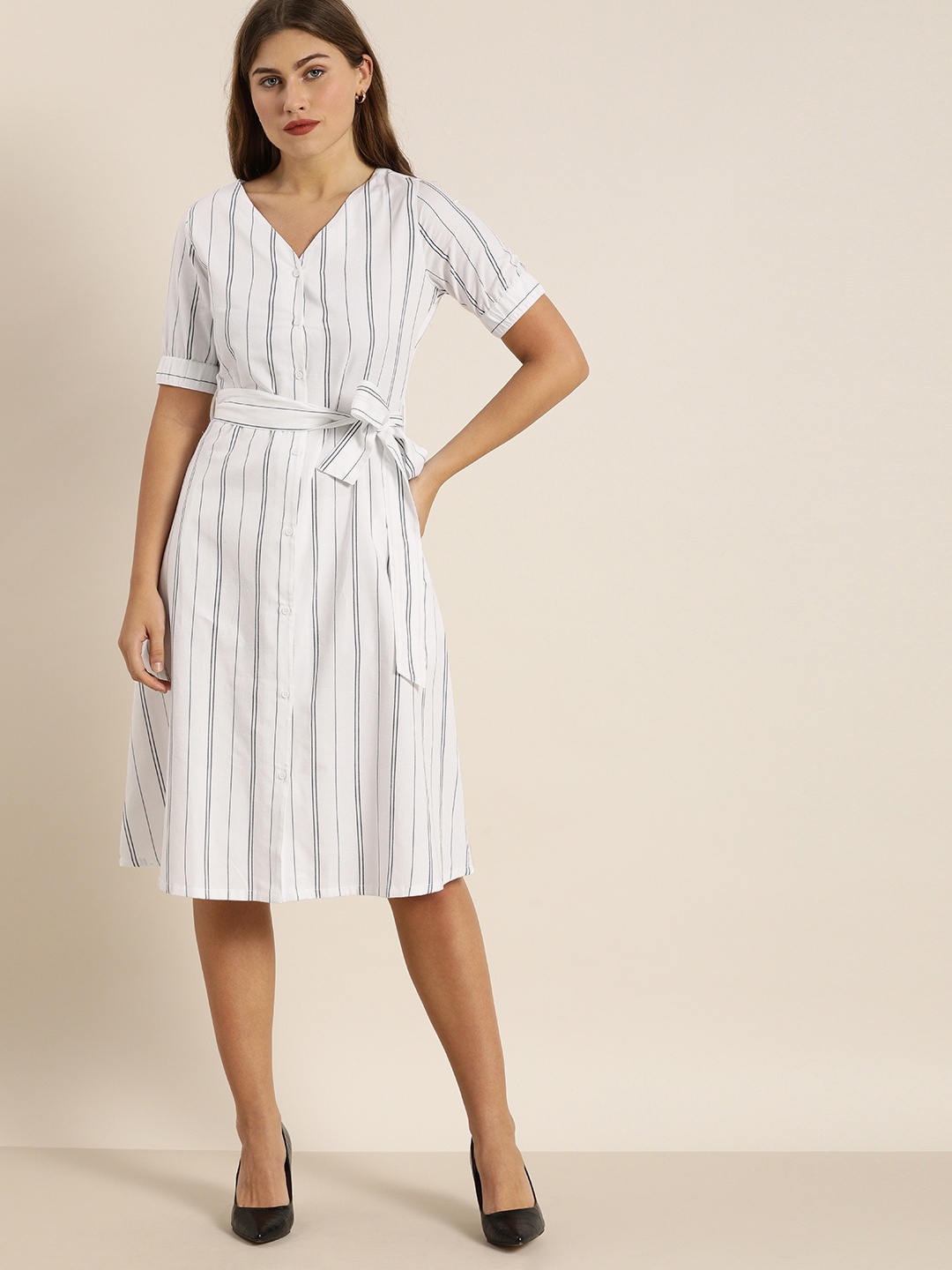 

Moda Rapido Women White & Navy Blue Striped Pure Cotton A-Line Dress