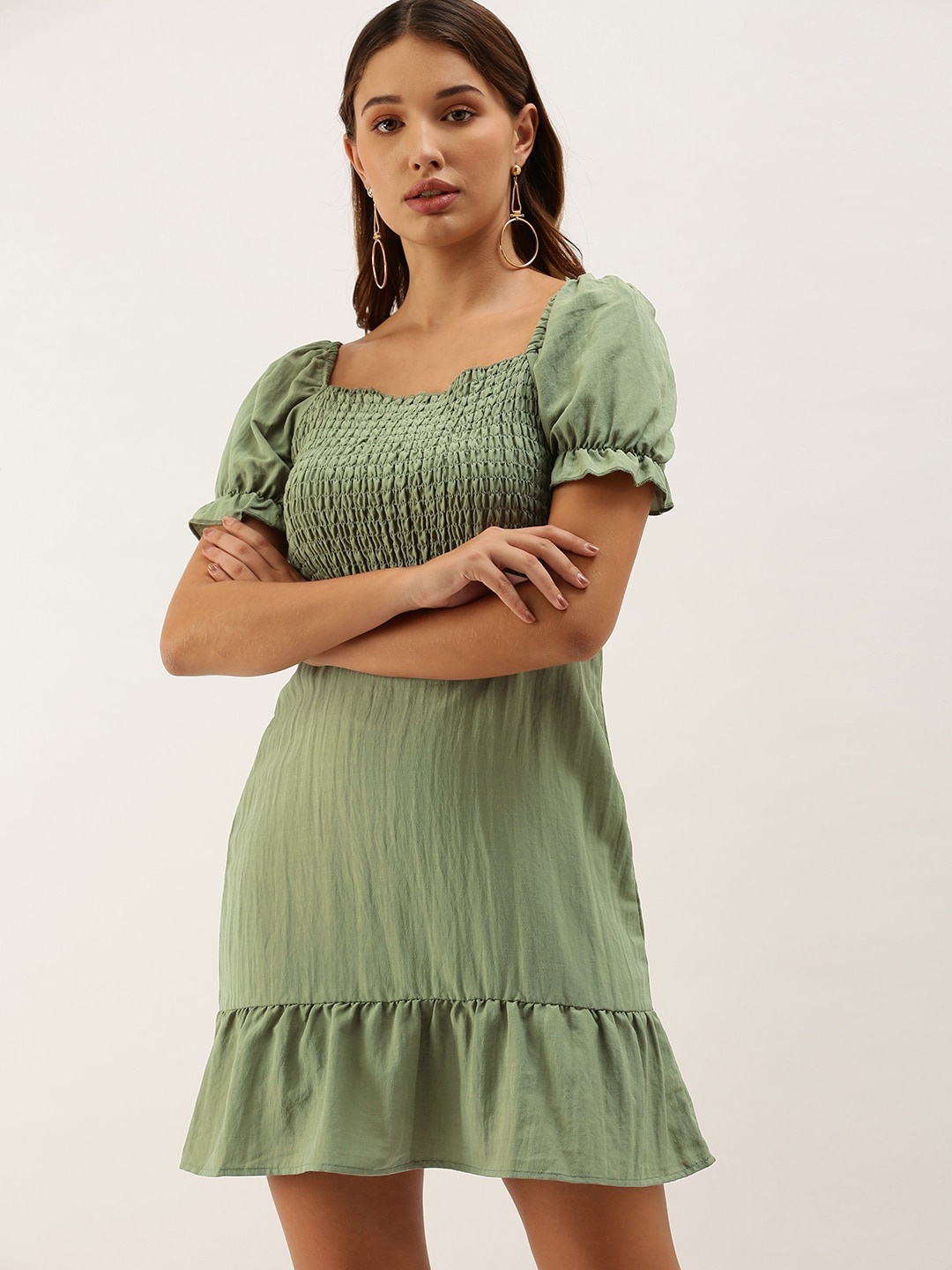 

Moda Rapido Green Smocked A-Line Mini Dress