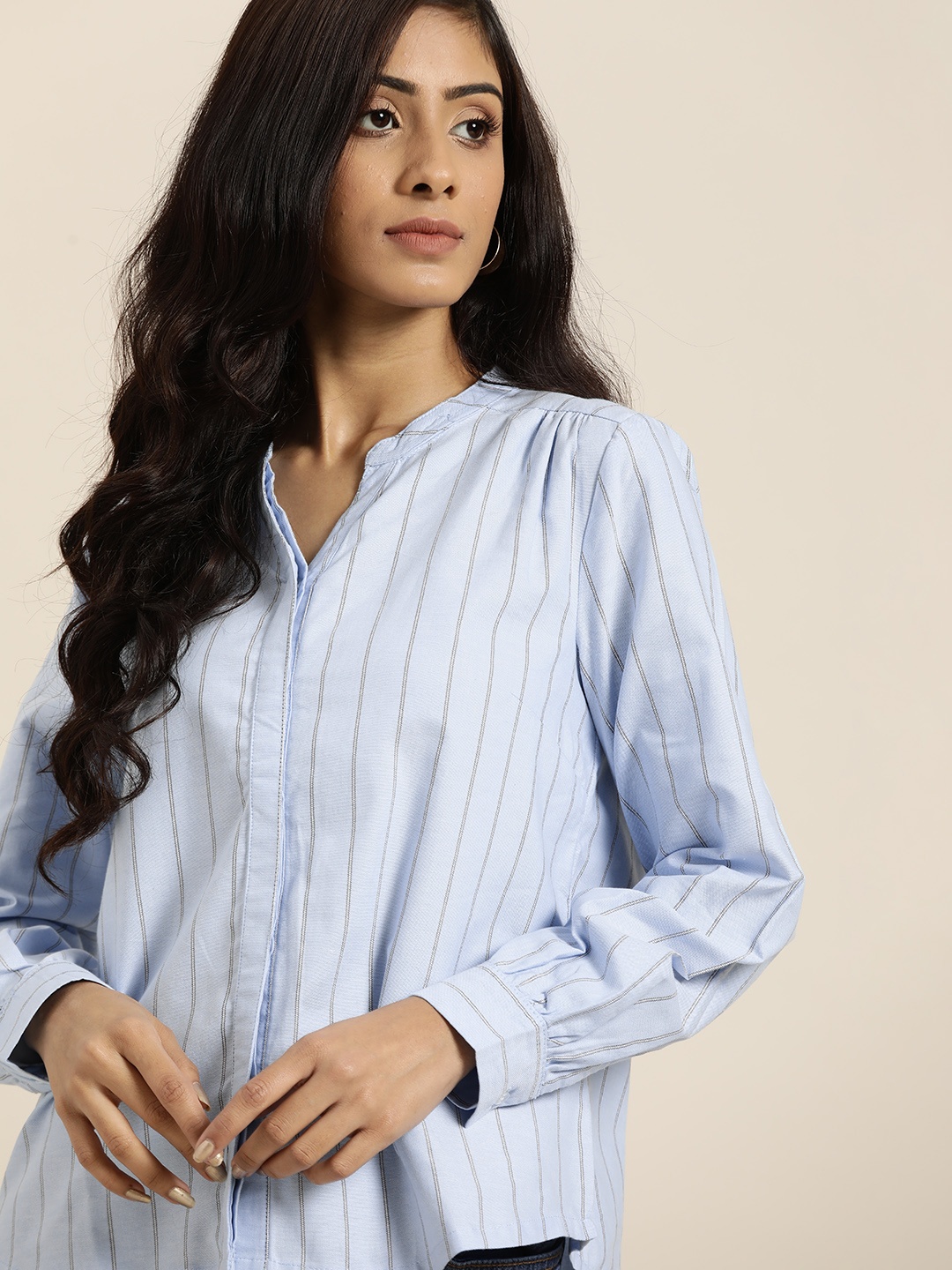 

Moda Rapido Women Blue & White Striped Pure Cotton Casual Shirt