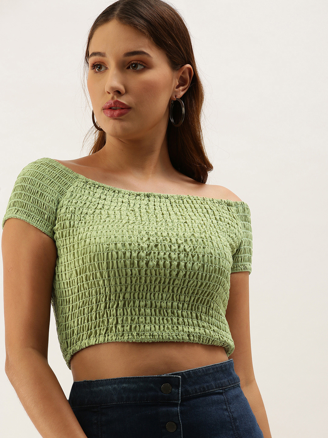 

Moda Rapido Green Off-Shoulder Smocked Bardot Crop Top