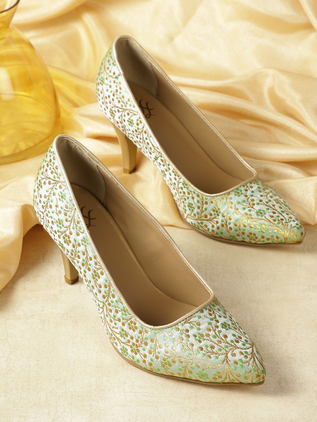 

House of Pataudi Women Sea Green & Gold-Toned Embroidered Pumps