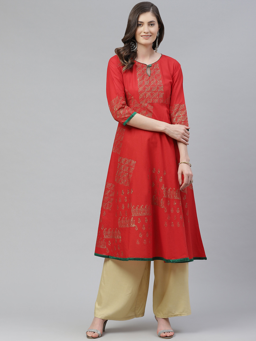 

Akshatani Women Red & Golden Ethnic Motifs Hand Block Print Anarkali Kurta