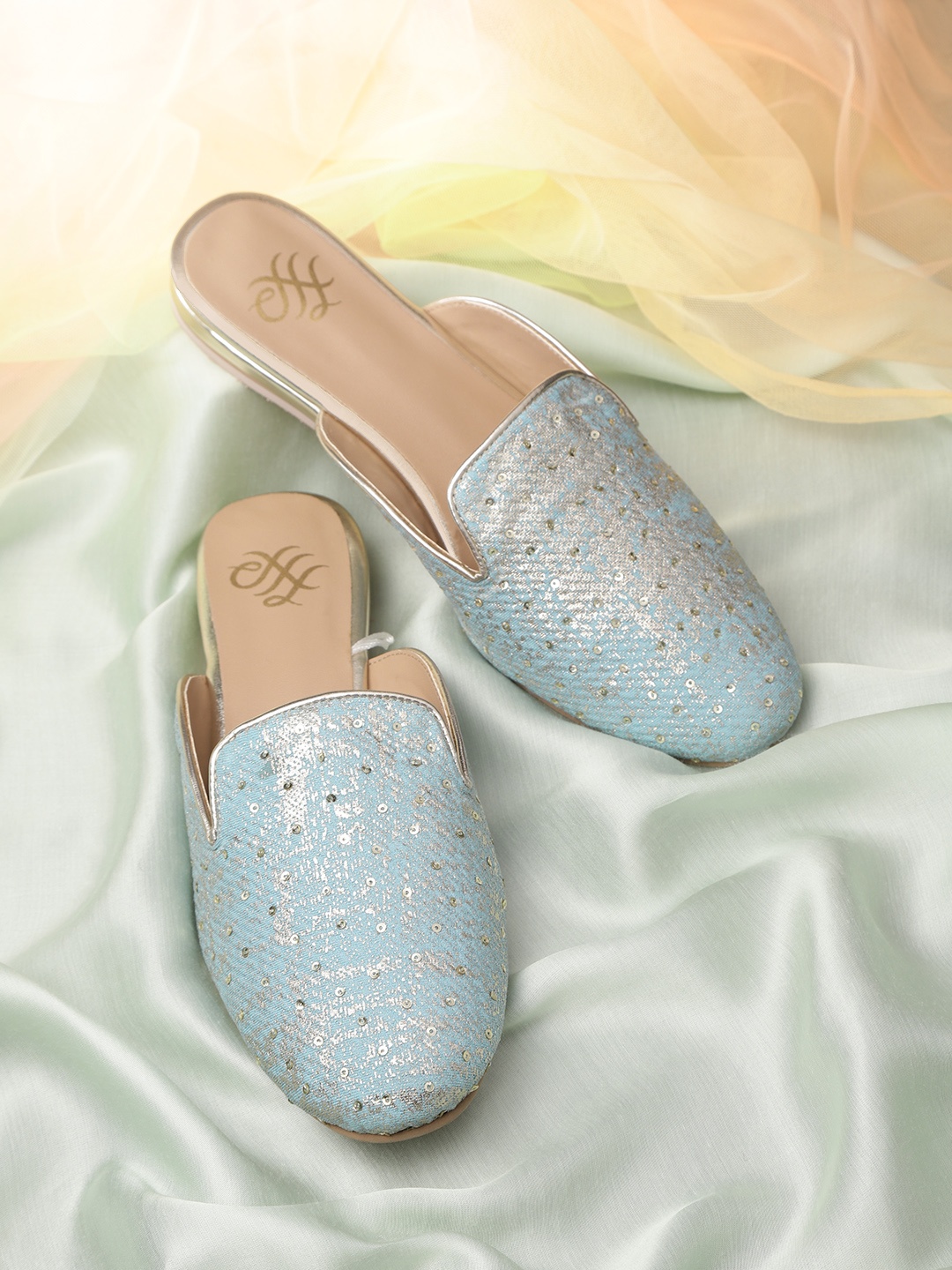 

House of Pataudi Women Blue & Gold-Toned Sequinned Handcrafted Mules