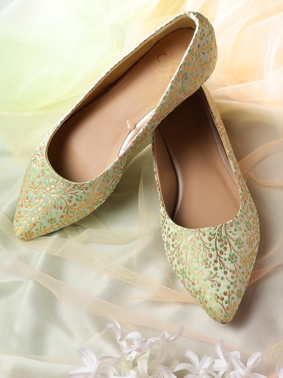 

House of Pataudi Women Green & Gold-Toned Woven Design Handcrafted Ballerinas