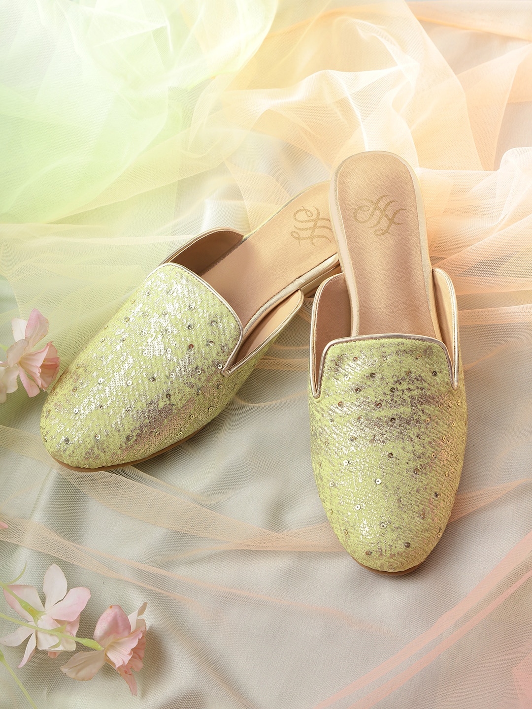 

House of Pataudi Women Lime Green & Gold-Toned Sequinned Handcrafted Mules