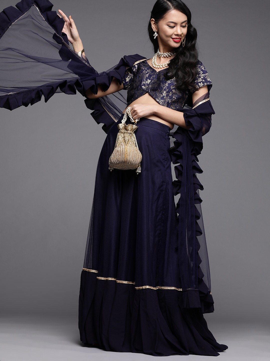 

Inddus Navy Blue & Golden Woven Design Semi-Stitched Lehenga Choli