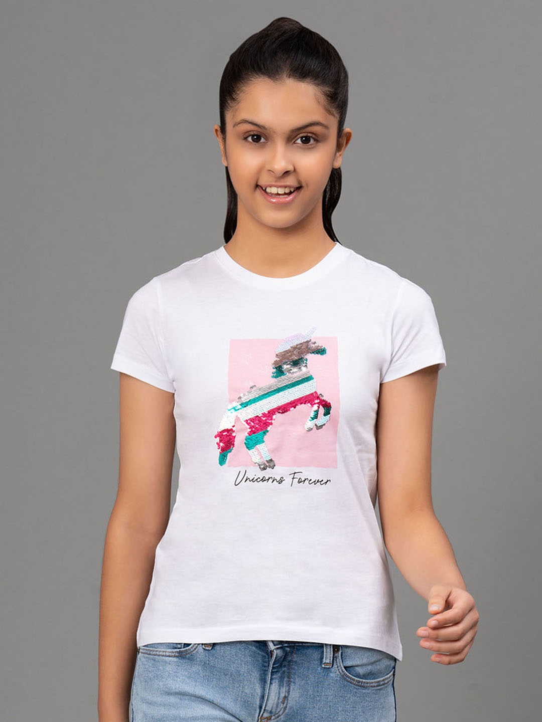 

Mode by Red Tape Girls White & Pink Printed Round Neck T-shirt