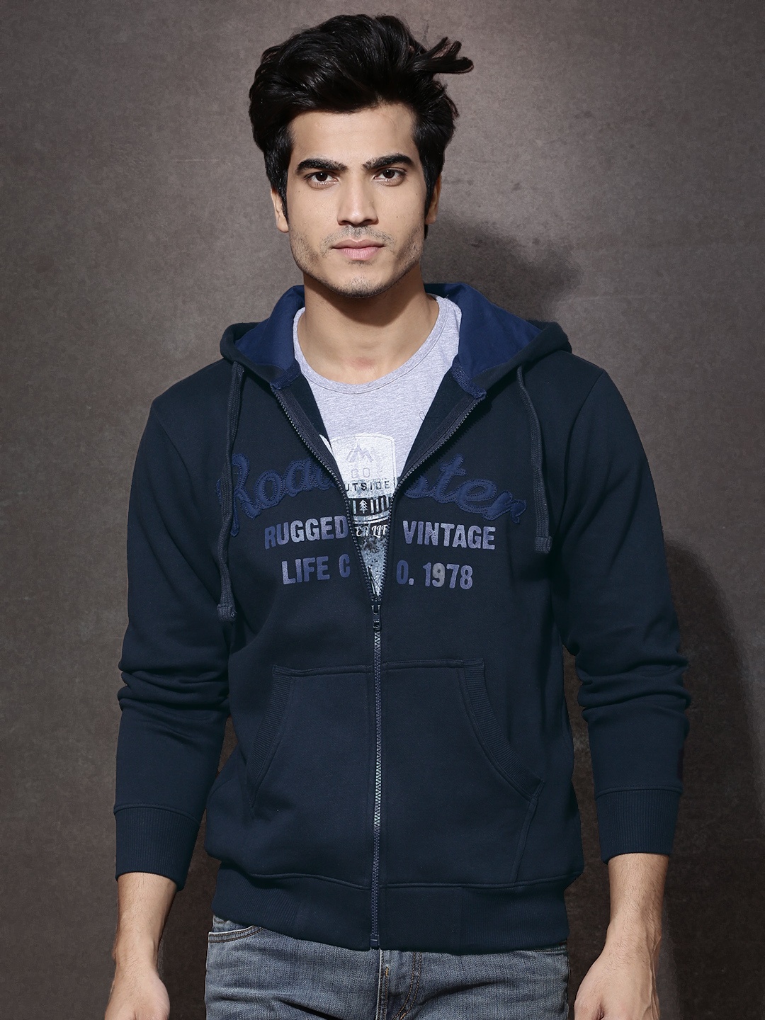 

Roadster Navy Printed Hooded Sweatshirt, Navy blue