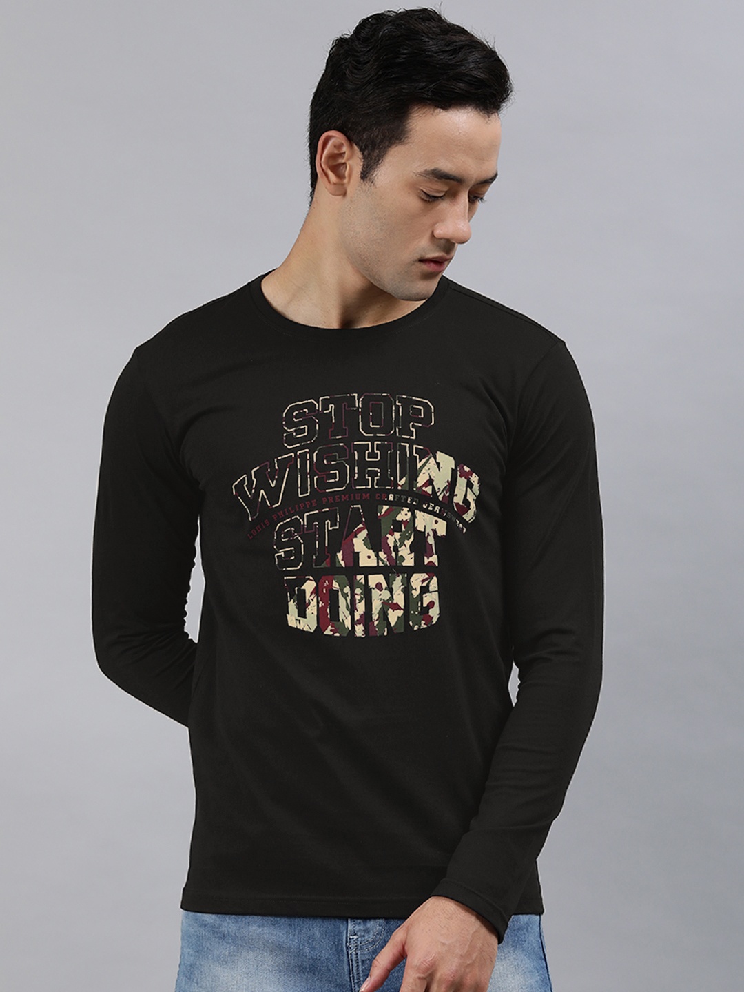 

Louis Philippe Jeans Men Black Printed Round Neck Pure Cotton T-shirt