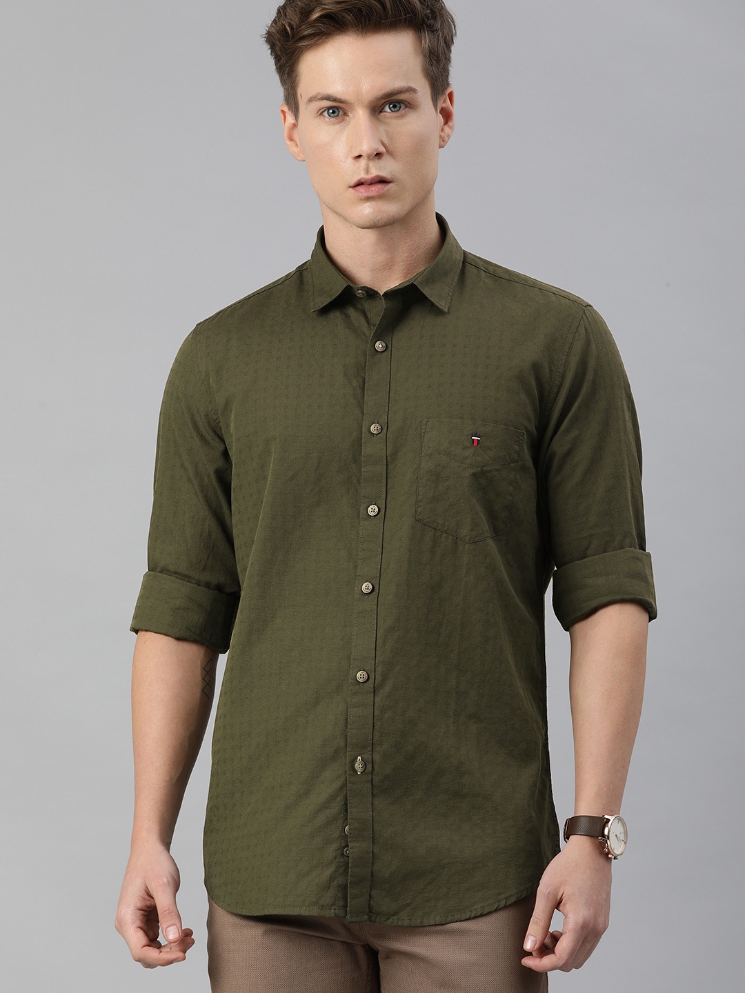 

Louis Philippe Sport Men Olive Green Self Design Super Slim Fit Casual Shirt