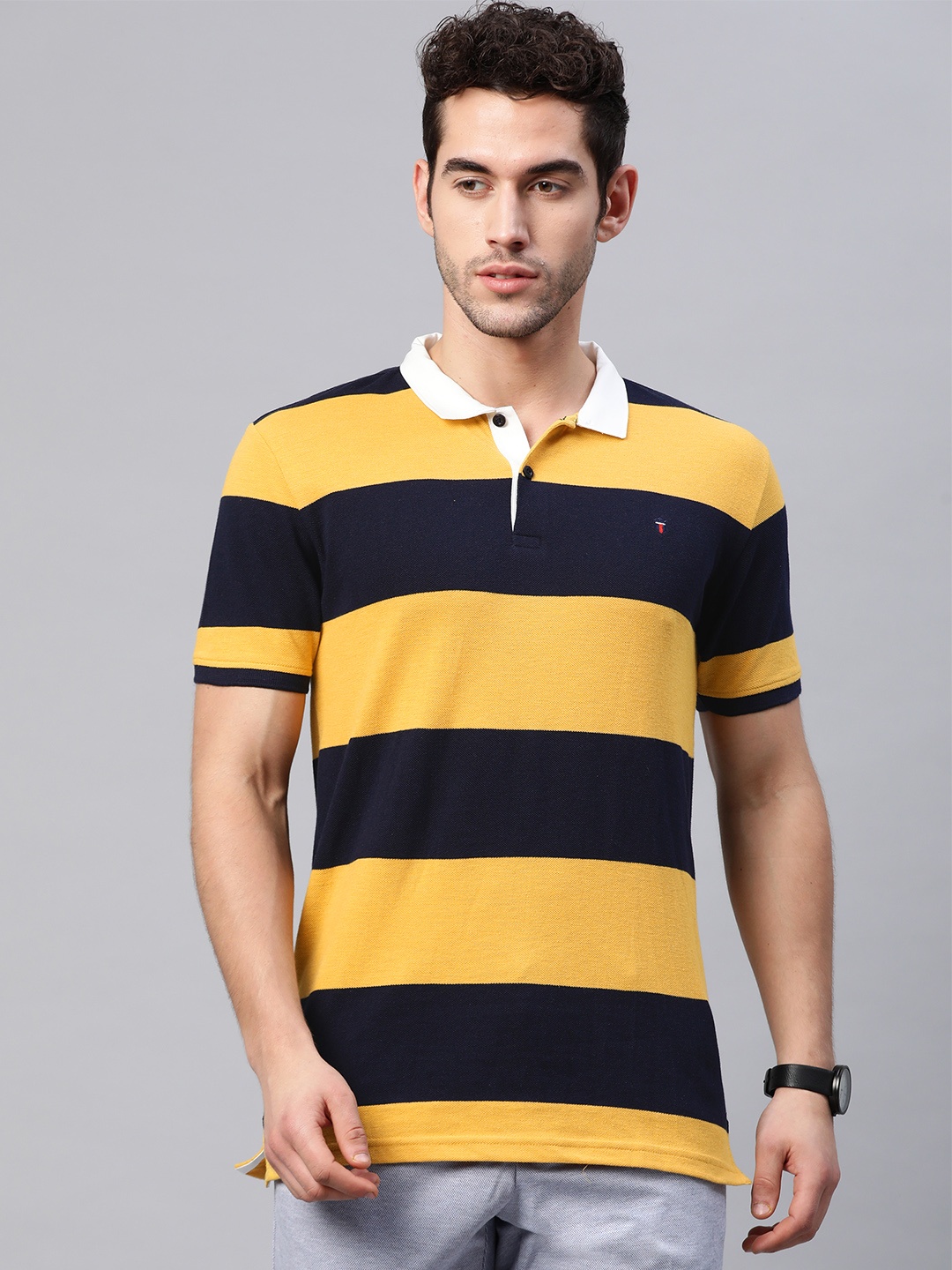 

Louis Philippe Sport Men Navy Blue & Yellow Striped Polo Collar T-shirt