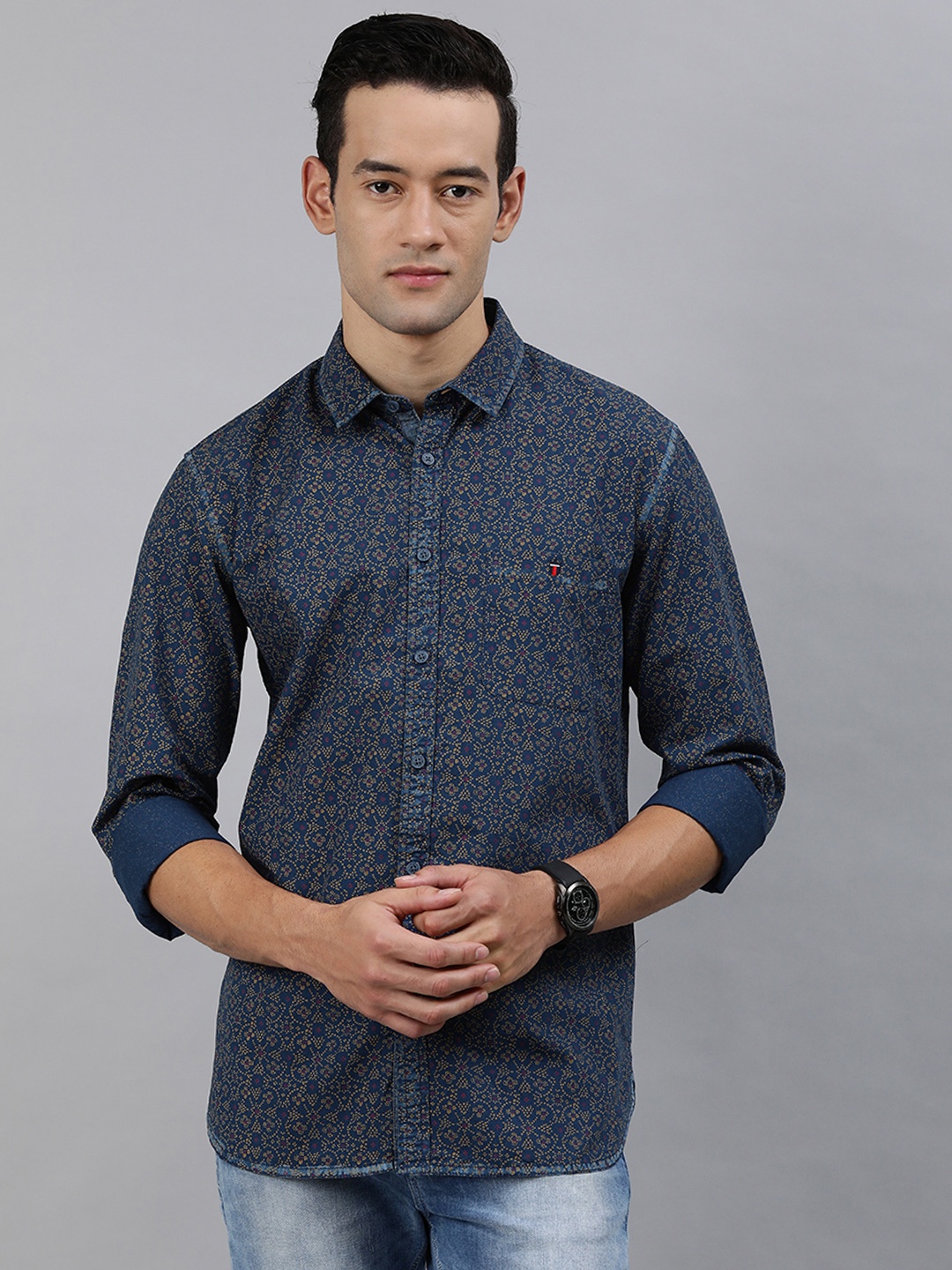 

Louis Philippe Jeans Men Navy Blue & Yellow Super Slim Fit Printed Casual Shirt