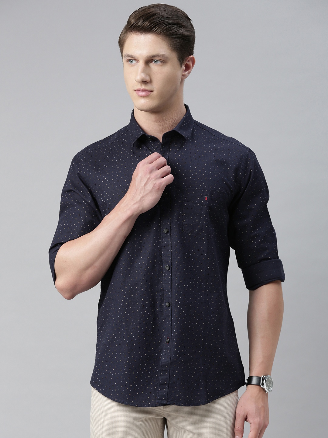 

Louis Philippe Sport Men Navy Blue & Mustard Yellow Slim Fit Printed Casual Shirt