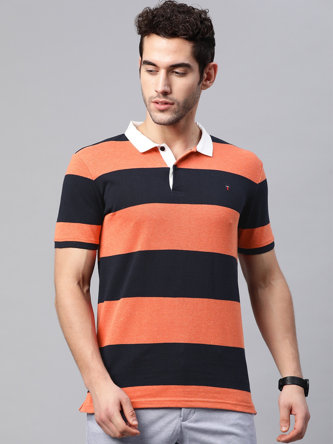 

Louis Philippe Sport Men Navy Blue & Rust Orange Striped Polo Collar T-shirt