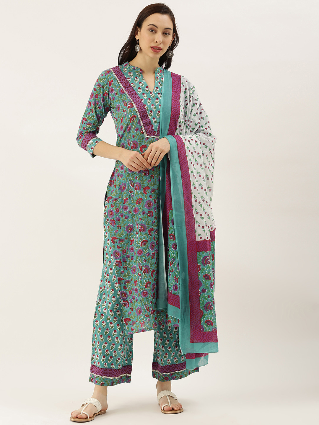 

Saanjh Women Green Printed Kurta with Palazzos & Dupatta