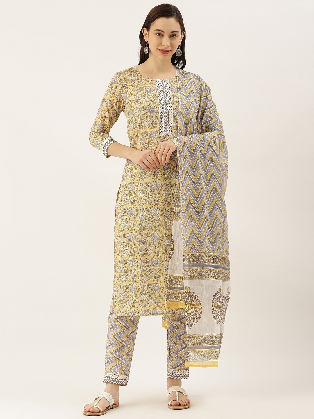 Saanjh Women Yellow & Grey Printed Kurta with Trousers & Dupatta