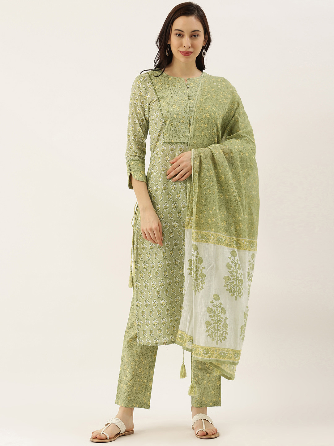 

Saanjh Women Green Printed Kurta with Trousers & Dupatta