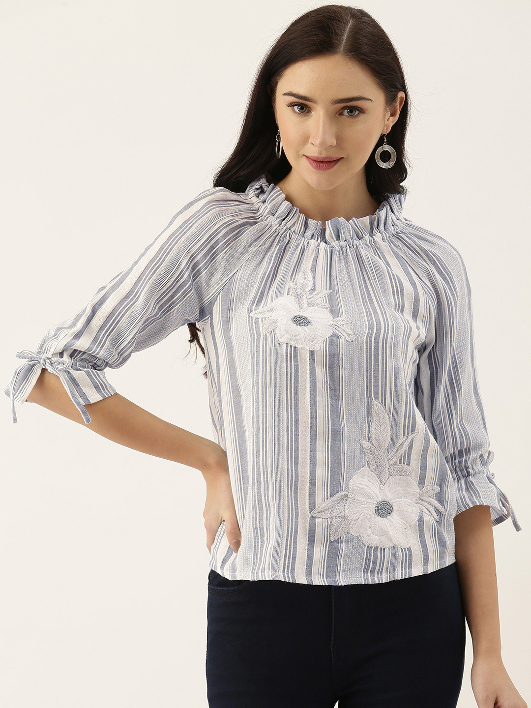 

Saanjh Grey & White Striped Pure Cotton Regular Top