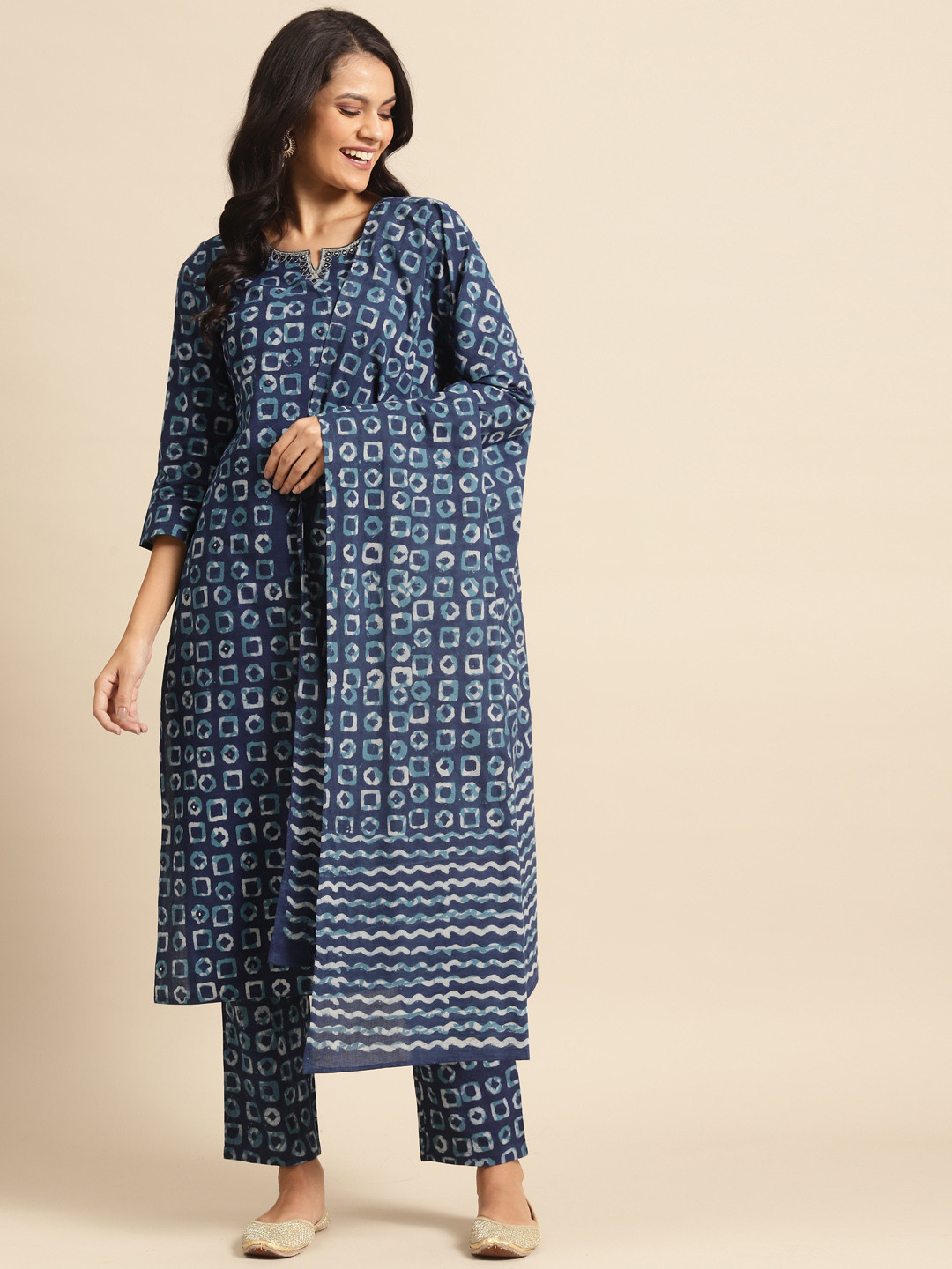 

Prakrti Women Navy Blue Hand Block Printed Pure Cotton Kurta with Trousers & Dupatta