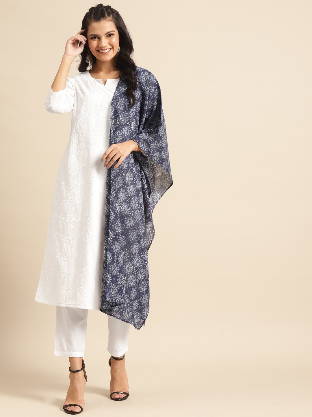

Prakrti Women White & Navy Blue Embroidered Kurta with Trousers & Dupatta
