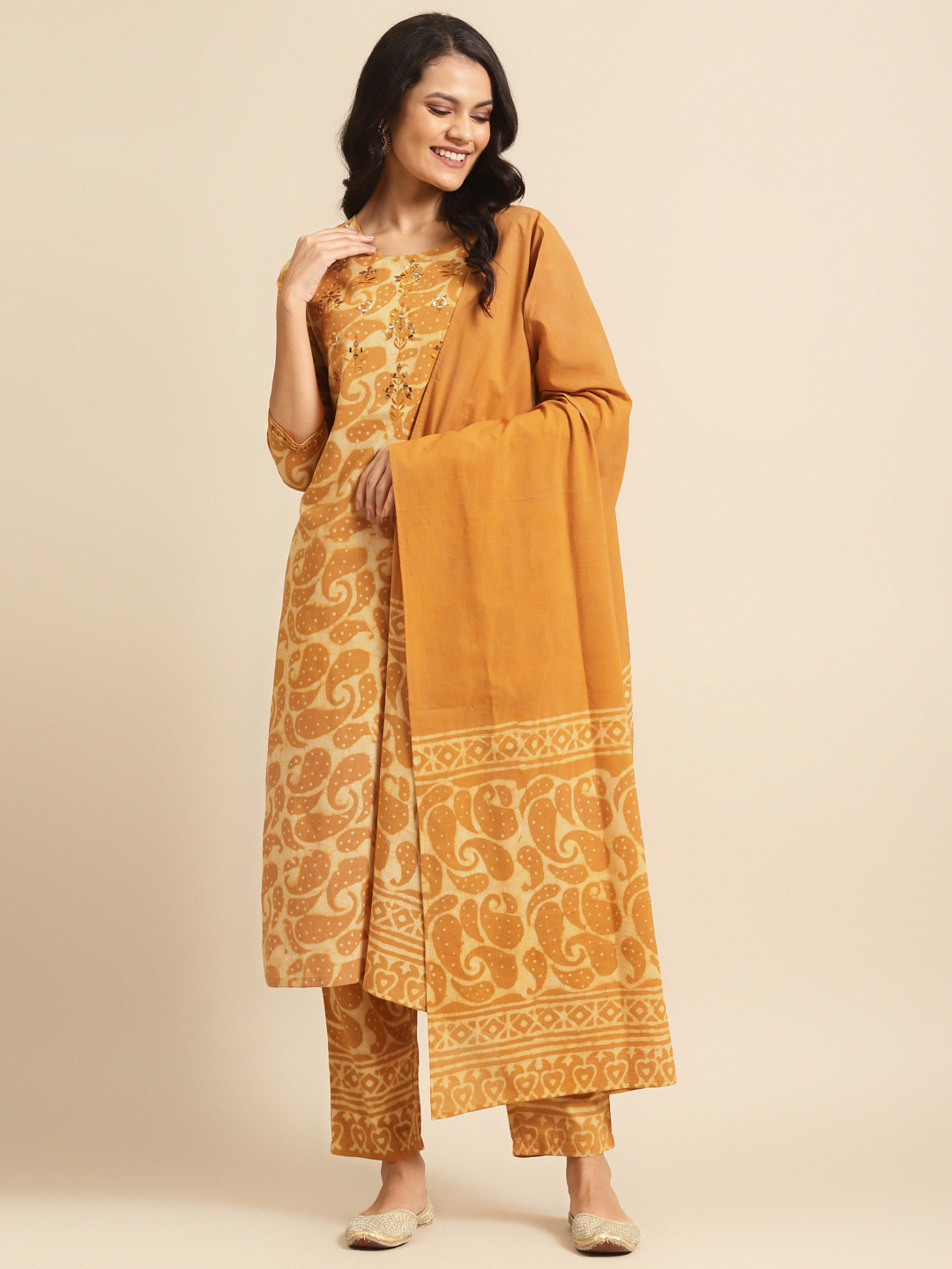 

Prakrti Women Mustard Yellow Hand Block Dabu Print Cotton Kurta with Trousers & Dupatta