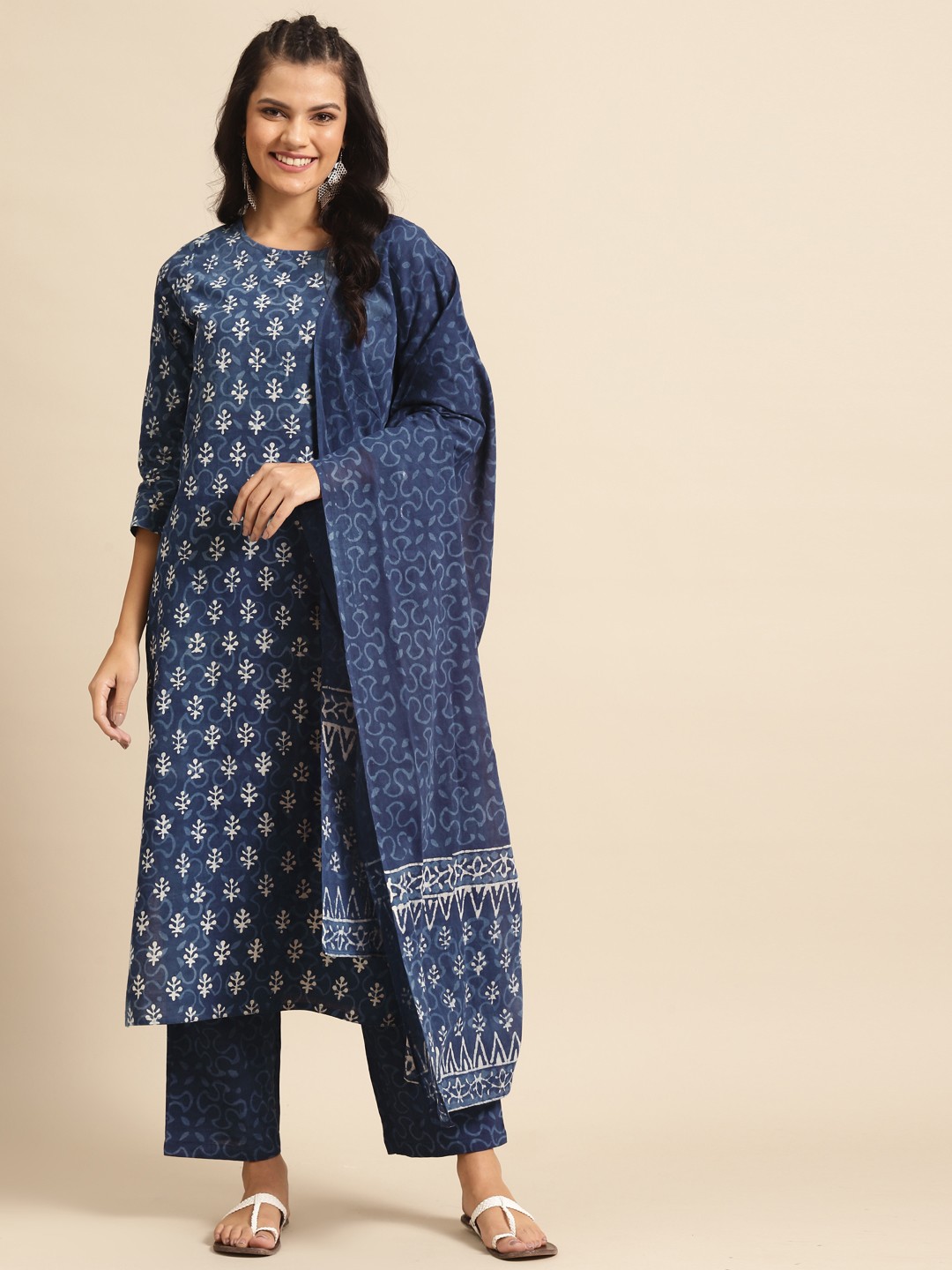 

Prakrti Women Navy Blue & Off-White Handblock Booti Print Kurta with Trousers & Dupatta